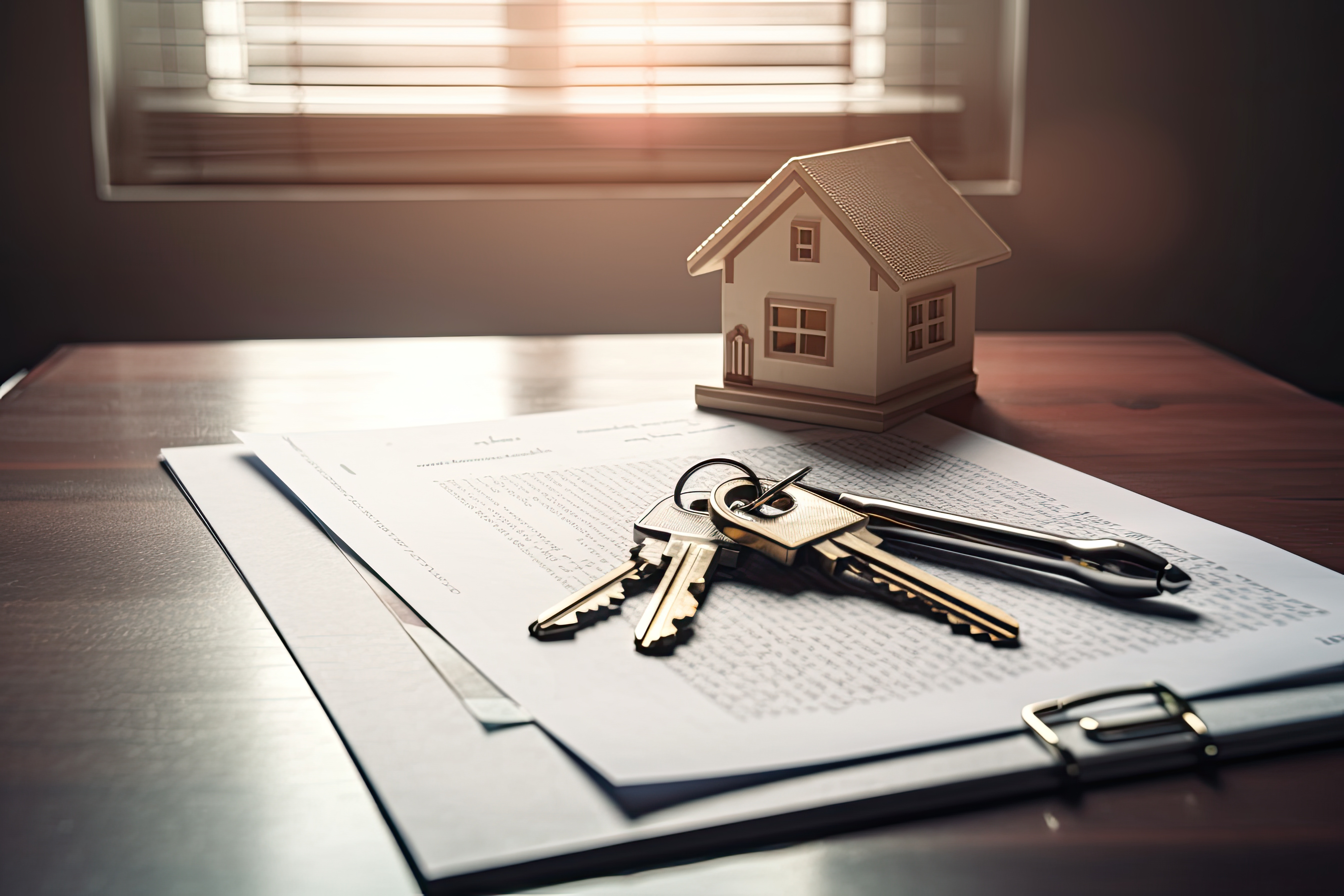 Real estate concept. Keys with house model and contract on table. A real estate contract paper placed on a table, alongside a house model and blueprint, AI Generated